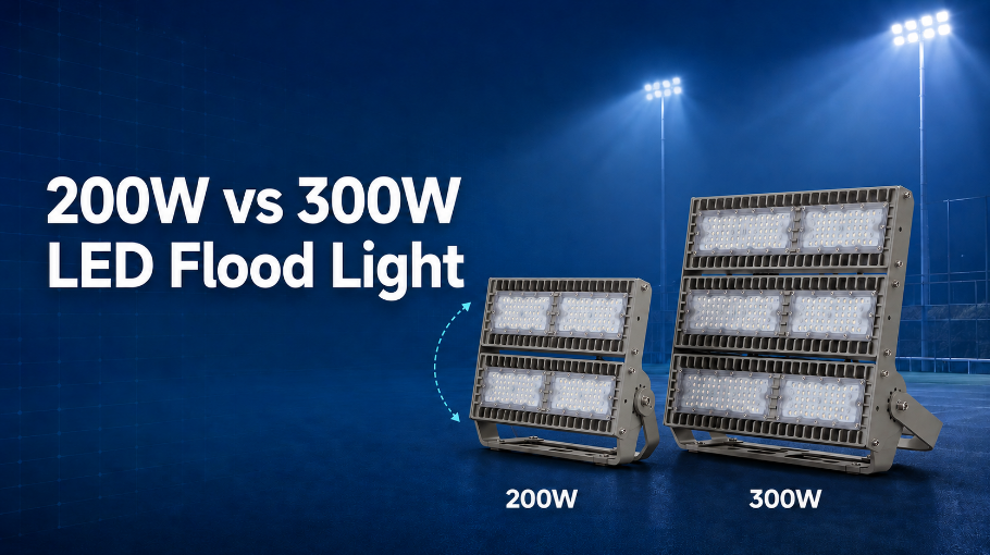 Real 200W vs 300W LED flood light comparison for commercial lighting projects