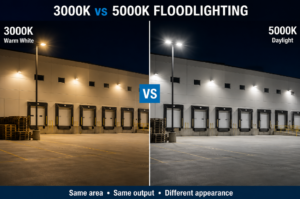3000K warm white vs 5000K daylight floodlighting in the same commercial area