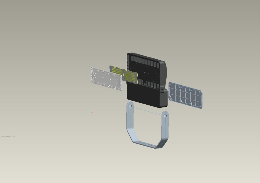 Cutaway of an LED floodlight showing the LED array, driver, aluminum heat sink, sealing gasket and cable gland