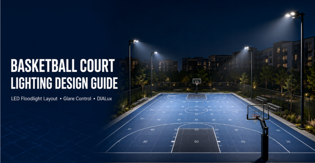 Basketball court lighting design with LED floodlights and controlled light spill near residential buildings