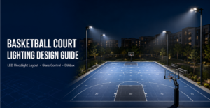Basketball court lighting design with LED floodlights and controlled light spill near residential buildings
