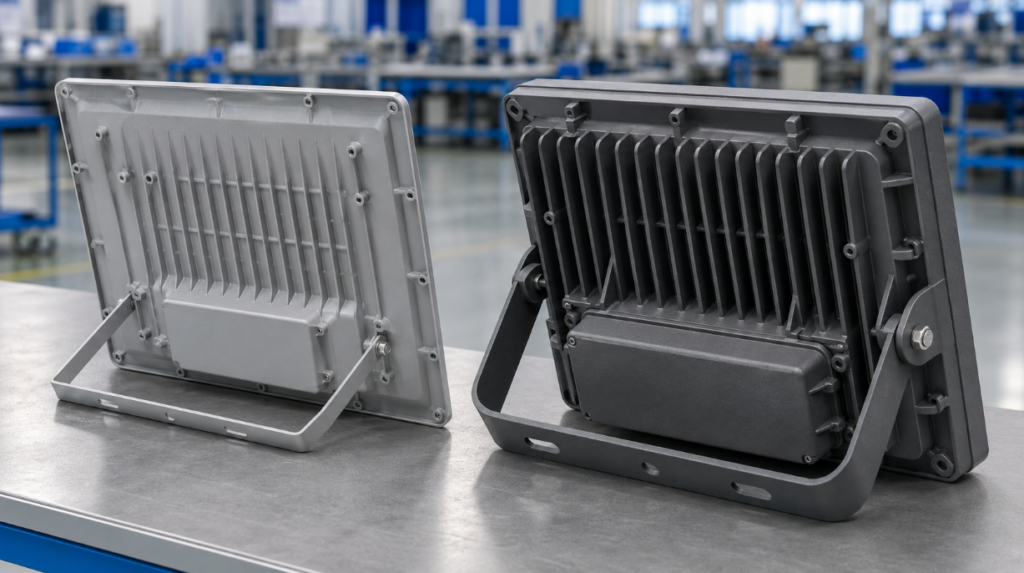 Side-by-side comparison of a thin-wall budget LED floodlight housing and a reinforced die-cast project-grade housing