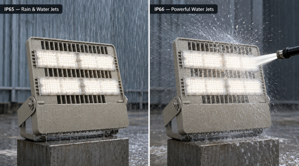 MVS modular LED floodlight tested in rain and under a powerful water jet for IP65 and IP66 comparison