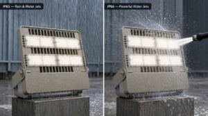 MVS modular LED floodlight tested in rain and under a powerful water jet for IP65 and IP66 comparison