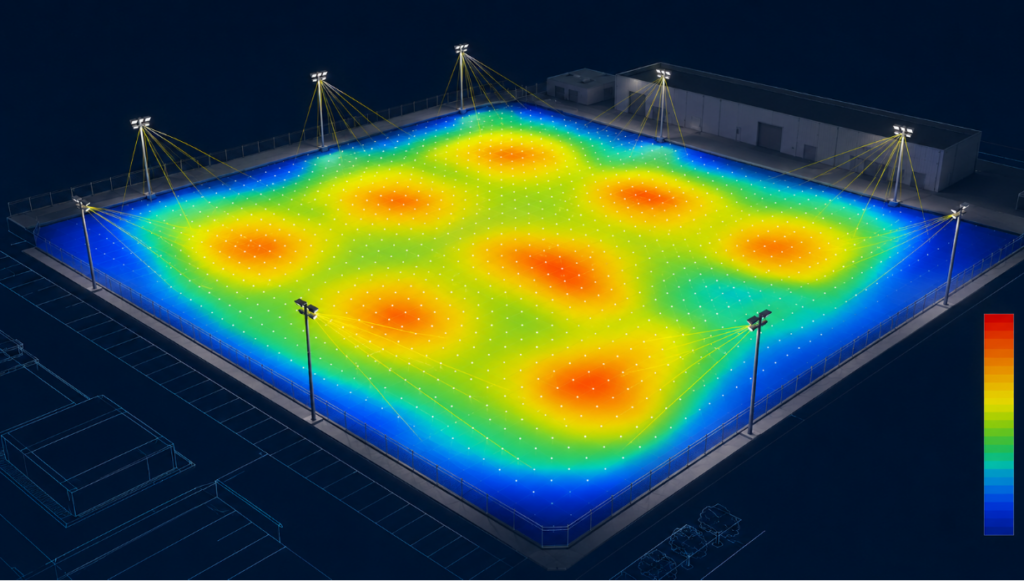 DIALux lighting simulation showing LED floodlight lux distribution across an outdoor area