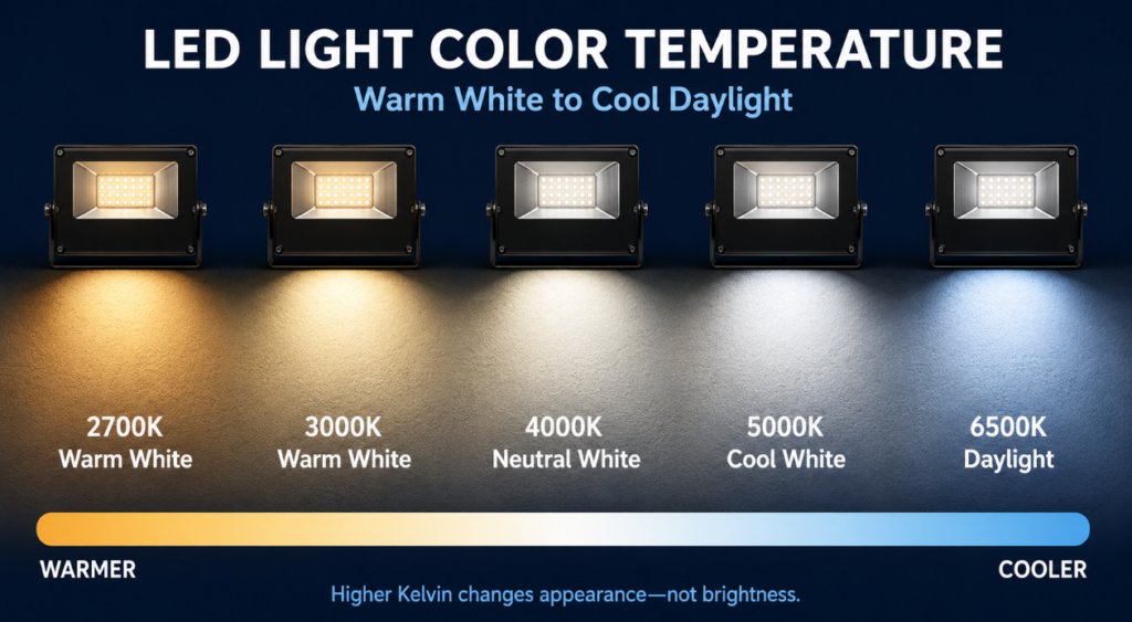 Warm white to cool daylight Kelvin scale comparison from 2700K to 6500K
