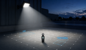 LED floodlight illuminance measurement showing lux and foot-candle levels on a ground surface
