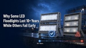 Two MVS 200W modular LED floodlights illustrating long service life and premature failure