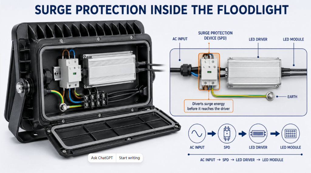 Surge protection device installed inside an LED floodlight driver compartment