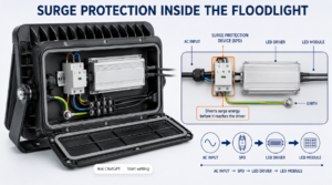 Surge protection device installed inside an LED floodlight driver compartment