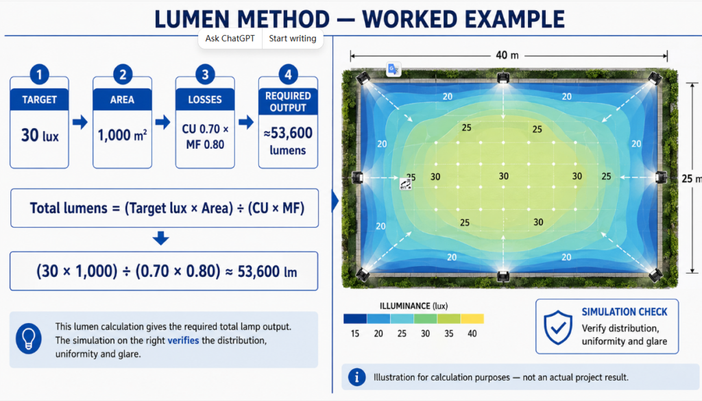 Lux calculation example with lumen formula and lighting simulation