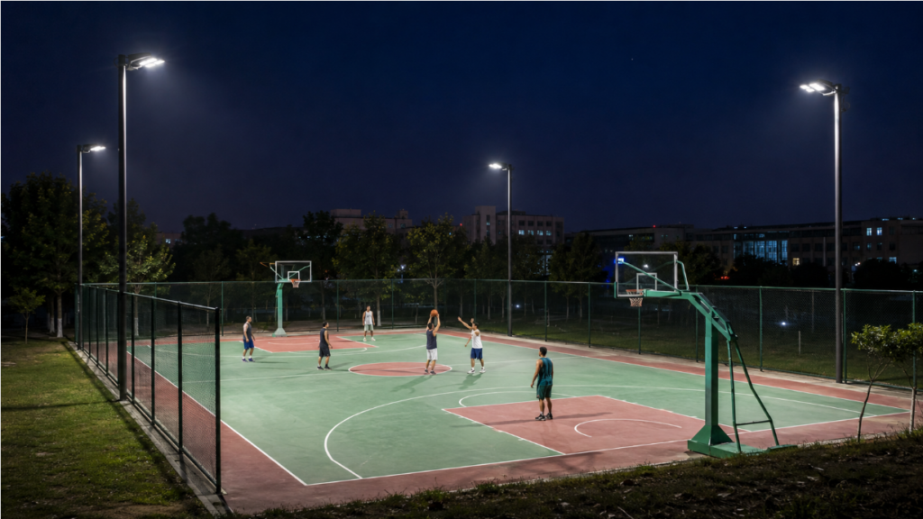 LED floodlights illuminating an outdoor basketball court at night