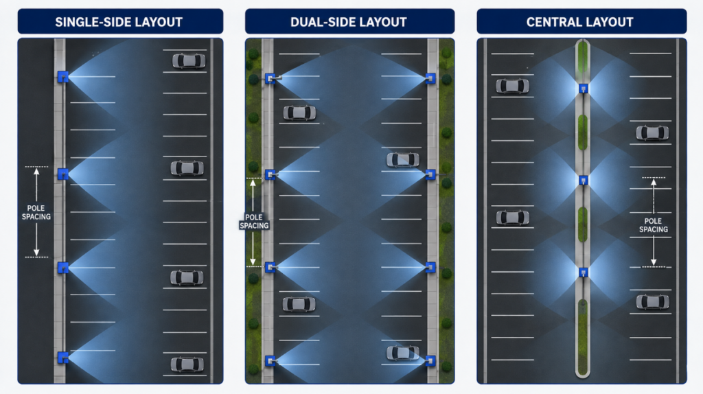 Parking lot LED floodlight pole layout diagram showing single-side dual-side and central arrangements