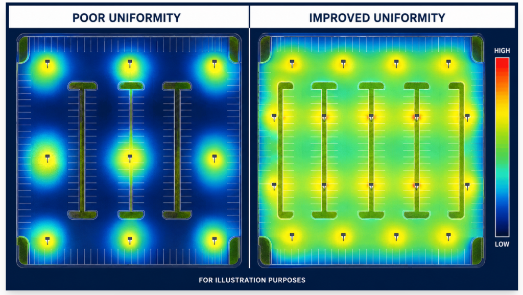 Parking lot lighting uniformity simulation showing dark spots before layout optimization and improved uniformity after optimization