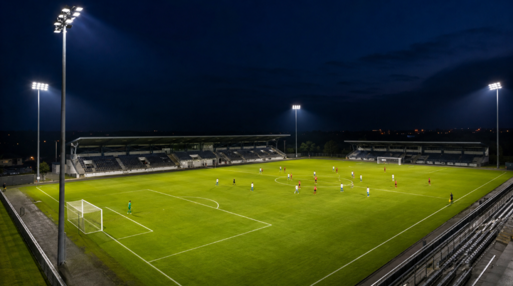 High-mast LED floodlights illuminating a stadium football field at night