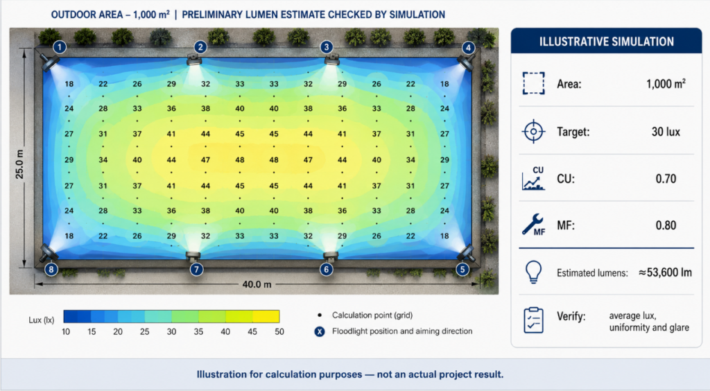 Two pole-layout simulation results compared at the same average lux