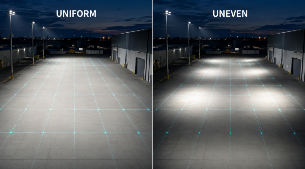 Uniform vs uneven lux distribution from commercial LED floodlights