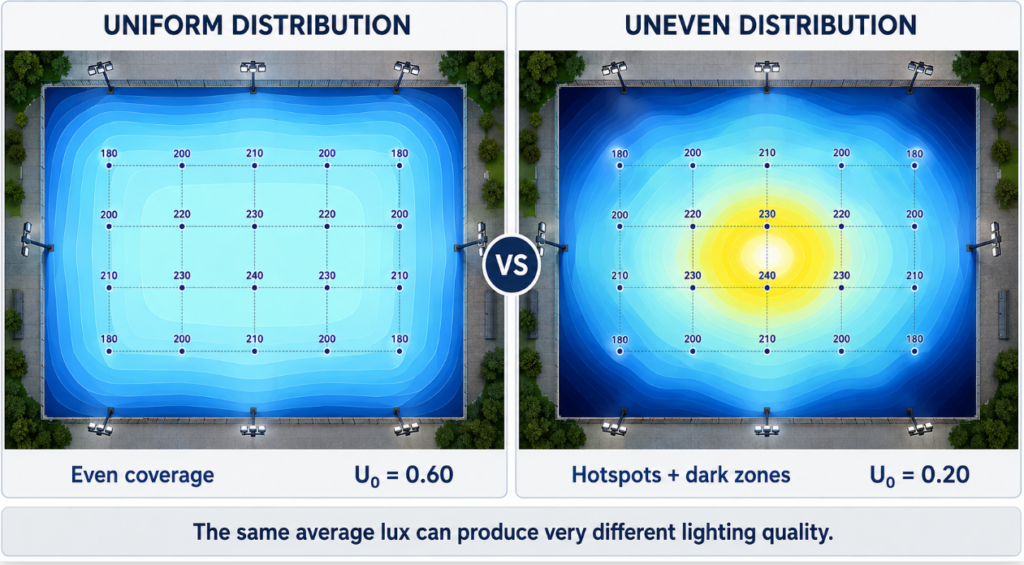 Uniform vs uneven lux distribution comparison using isolux diagrams