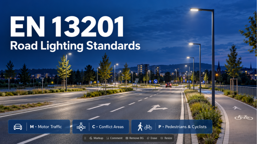 LED street lights illuminating a roadway, intersection and cycle path at dusk, illustrating EN 13201 lighting classes
