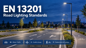 LED street lights illuminating a roadway, intersection and cycle path at dusk, illustrating EN 13201 lighting classes