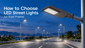MVS LED street light with rectangular lens array above an illuminated road at blue hour