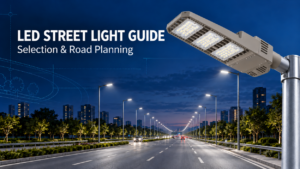 LED street light above an illuminated urban road with road planning design