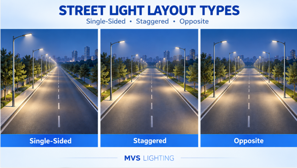 Comparison of single-sided, staggered and opposite LED street light layouts