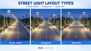 Comparison of single-sided, staggered and opposite LED street light layouts