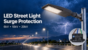 LED street light and surge protection device above an illuminated road with lightning in the distance