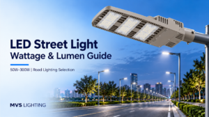MVS LED street light with modular lenses and cooling fins above an illuminated urban road.