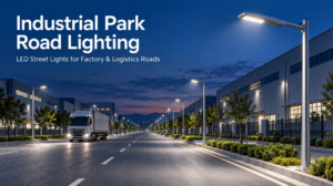 LED street lights illuminating an industrial park road beside factories and logistics warehouses at dusk.