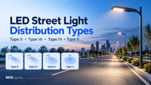 LED street lights illuminating an urban road with illustrations of Type II, III, IV and V light distribution patterns