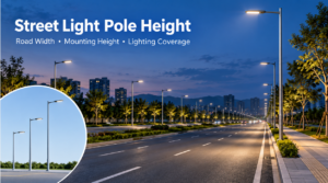 LED street light poles of different heights with an illuminated municipal road at dusk.