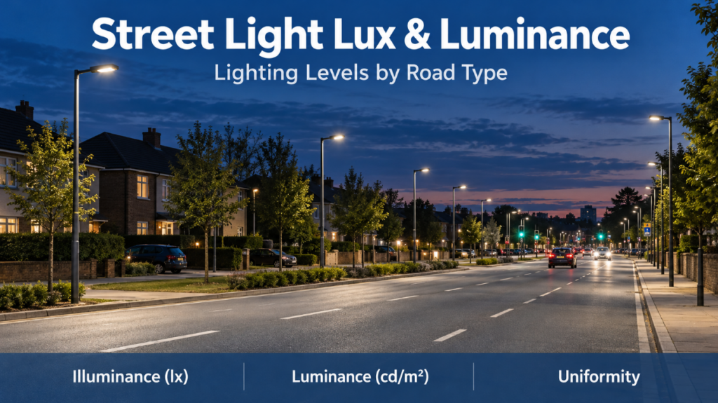 LED street lights illuminating an urban road at dusk, illustrating road lighting illuminance, luminance and uniformity.