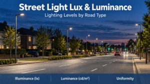 LED street lights illuminating an urban road at dusk, illustrating road lighting illuminance, luminance and uniformity.