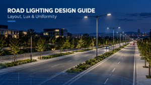 LED street lighting along a divided urban road at dusk, illustrating pole layout and uniform road illumination.