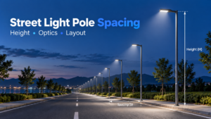 LED street lights along a road with annotations showing pole spacing and mounting height.