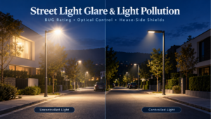 Comparison of LED street light glare and light spill with controlled downward lighting on a residential road